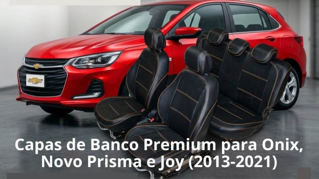 Conjunto de capas de banco em couro sob medida para Chevrolet Onix e Prisma com costura reforçada e encosto bipartido.