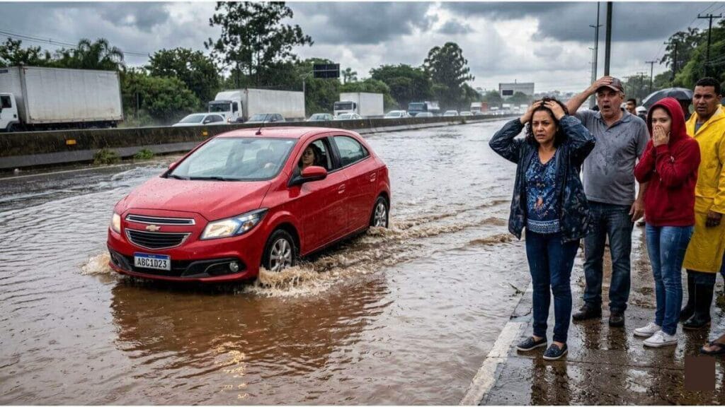 Uma foto fotojornalística de um carro Chevrolet Onix vermelho atravessando uma rua alagada por uma enchente. A água barrenta chega à altura das rodas. No lado direito da imagem, um grupo de três pessoas observa a cena com expressões de choque e preocupação; uma mulher mais velha está com a mão na cabeça. Ao fundo, o tráfego está parado na rodovia sob um céu nublado e cinzento.