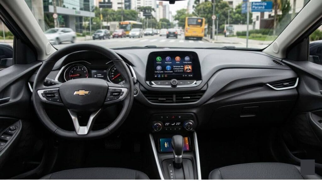 Visão interna do painel de um Chevrolet Onix com foco na central multimídia digital MyLink ligada, volante multifuncional com o logo da Chevrolet e console central.