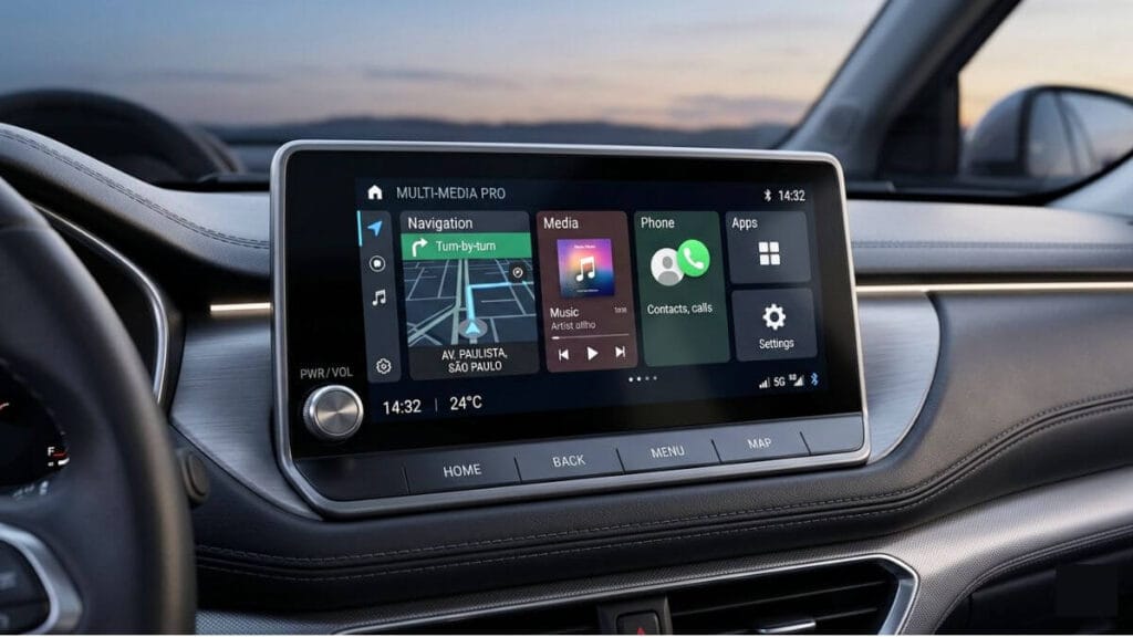 Central multimídia automotiva premium instalada no painel do carro, exibindo mapa de navegação GPS e aplicativos em uma tela digital de alta definição.