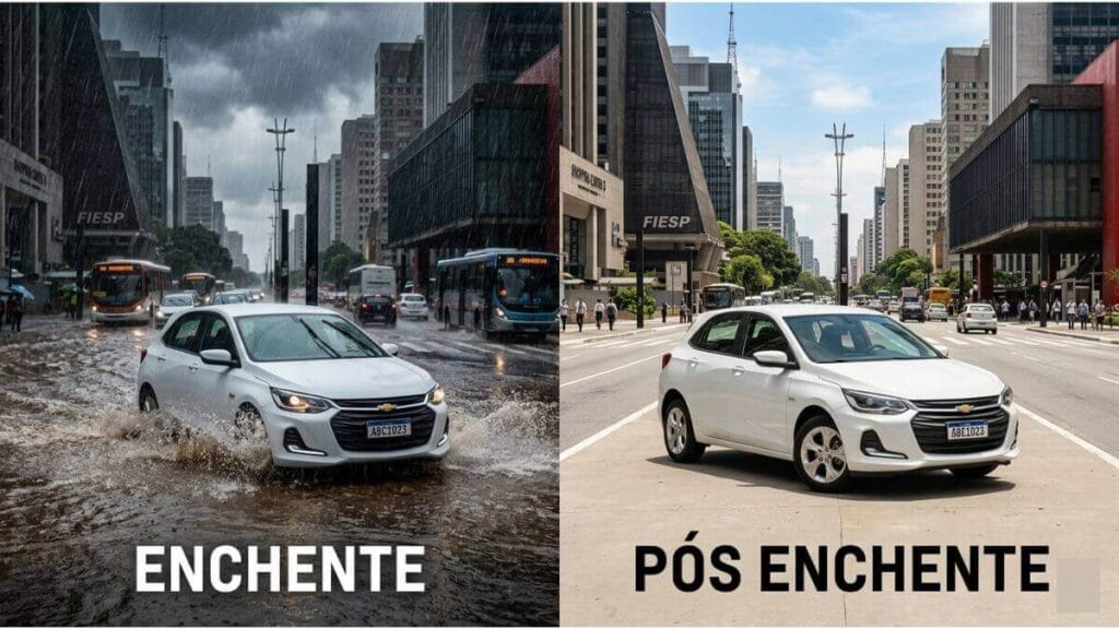 Imagem comparativa dividida ao meio. Na esquerda, um Chevrolet Onix branco enfrenta uma rua alagada em São Paulo sob chuva forte. Na direita, o mesmo carro está estacionado na mesma rua, mas seca e sob sol. Textos "ENCHENTE" e "PÓS ENCHENTE" indicam as condições.