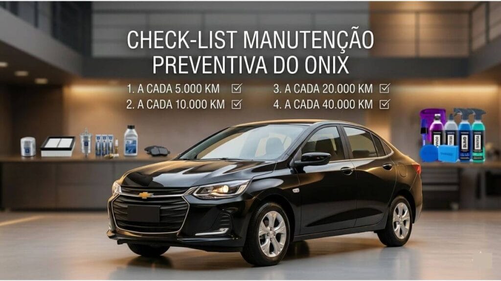 Infográfico com checklist de manutenção para Onix por quilometragem (5k, 10k, 20k, 40k) com um Onix preto ao fundo.
