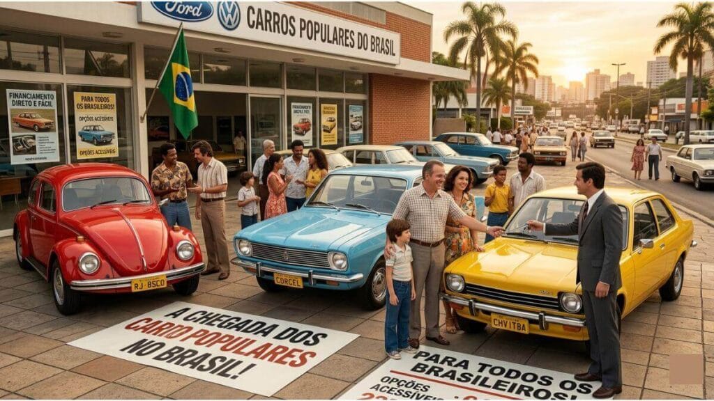 Uma cena realista de uma concessionária brasileira clássica com a bandeira do Brasil. Em destaque, um Fusca vermelho, um Ford Corcel azul e um Chevrolet Chevette amarelo. Pessoas vestidas com roupas de época celebram a compra de um carro, e cartazes no chão dizem "A Chegada dos Carros Populares no Brasil!".