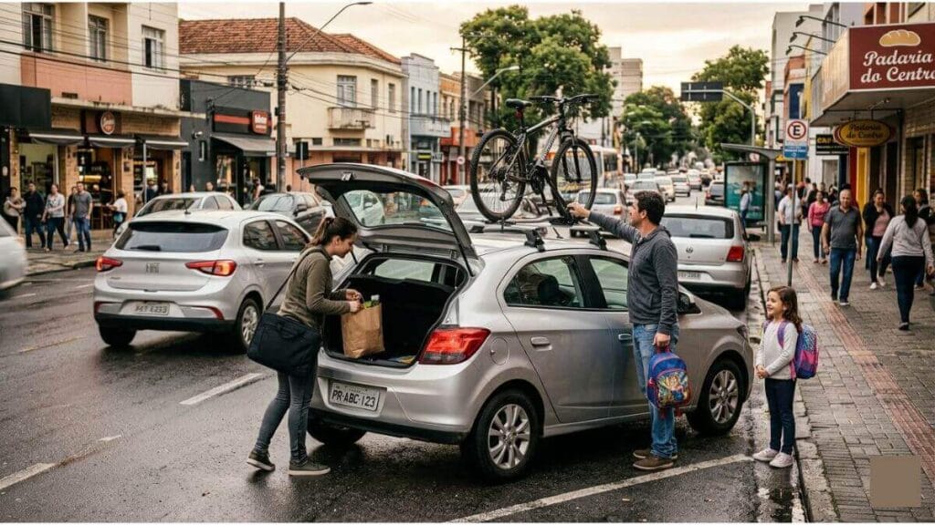 Chevrolet Onix 2017 prata estacionado em uma rua movimentada de cidade brasileira. Uma mulher guarda compras no porta-malas aberto, um homem ajusta uma bicicleta no rack de teto e uma criança com mochila de escola observa na calçada, ilustrando o uso real do carro para famílias.