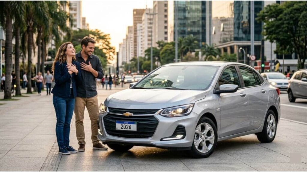 Um homem e uma mulher sorridentes na calçada, com as mãos no peito em sinal de admiração e paixão, olhando para um Chevrolet Onix sedan prata modelo 2026 estacionado em uma grande avenida urbana.