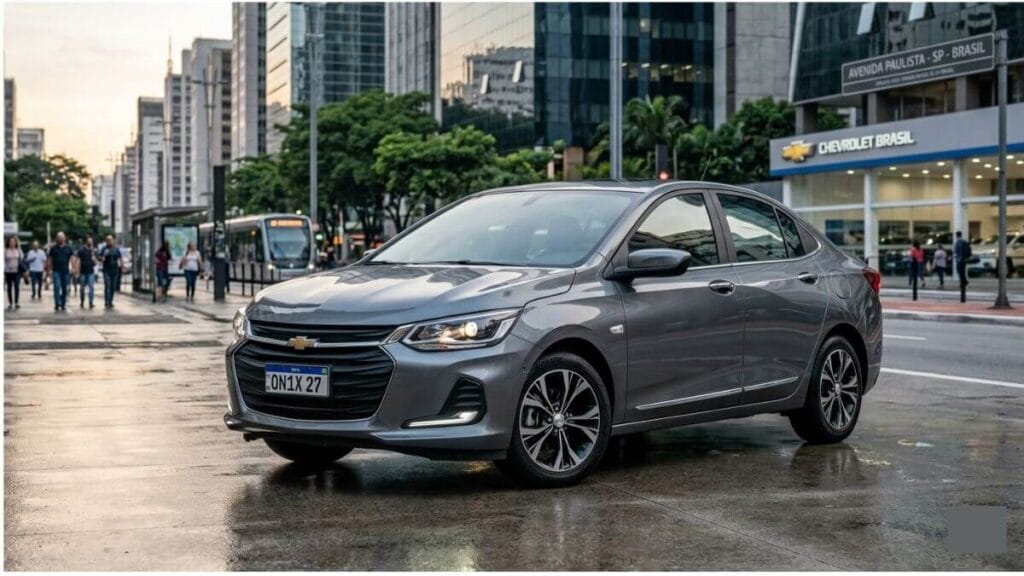 Fotografia automotiva profissional do novo Chevrolet Onix Plus 2027 sedã na cor cinza, estacionado na Avenida Paulista em São Paulo, com uma concessionária da Chevrolet ao fundo.