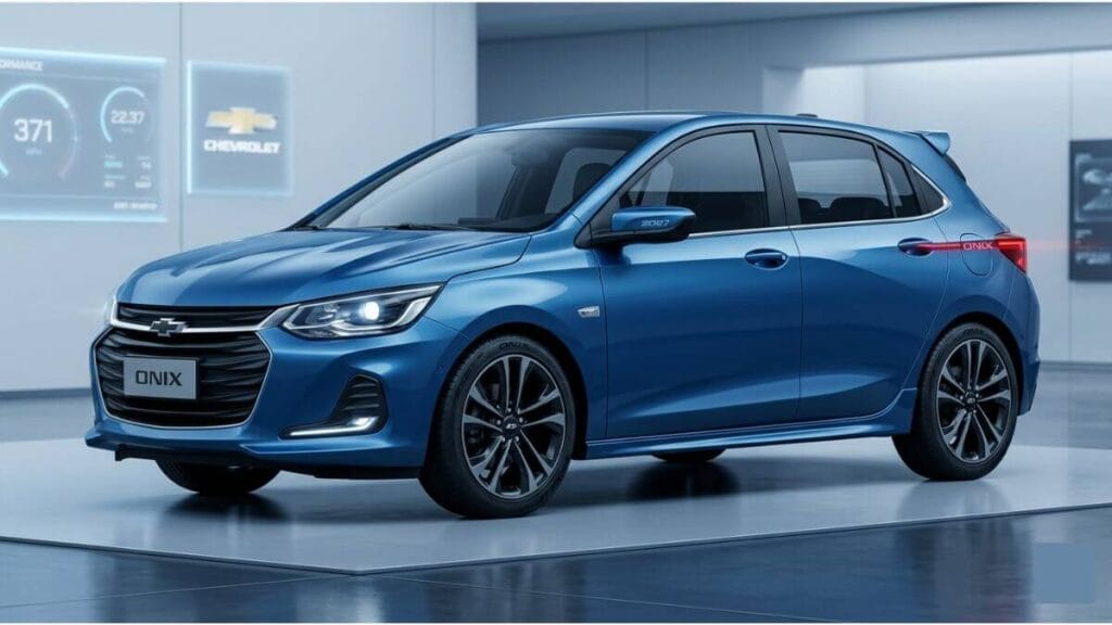 Chevrolet Onix 2027 azul metálico em um estúdio moderno, destacando o novo design frontal agressivo, faróis de LED afilados e linhas aerodinâmicas marcantes que expressam mais personalidade.