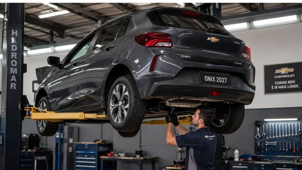 Chevrolet Onix 2027 em manutenção na oficina mecânica.