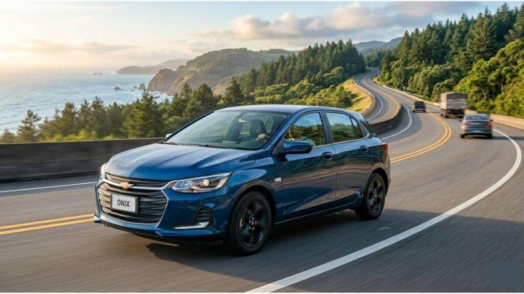 Chevrolet Onix moderno na cor azul escura dirigindo em movimento por uma estrada litorânea sinuosa com vista para o mar e montanhas ao fundo.