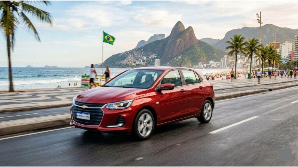 Chevrolet Onix vermelho em movimento na orla de uma praia brasileira com o Morro Dois Irmãos ao fundo, destacando o design do carro para o mercado nacional.