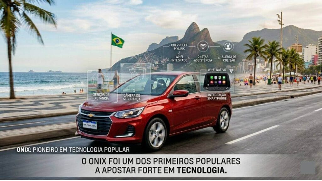 Chevrolet Onix vermelho em movimento com infográficos digitais sobrepostos destacando recursos tecnológicos como Wi-Fi nativo, MyLink e assistências, com o texto Onix pioneiro em tecnologia popular.