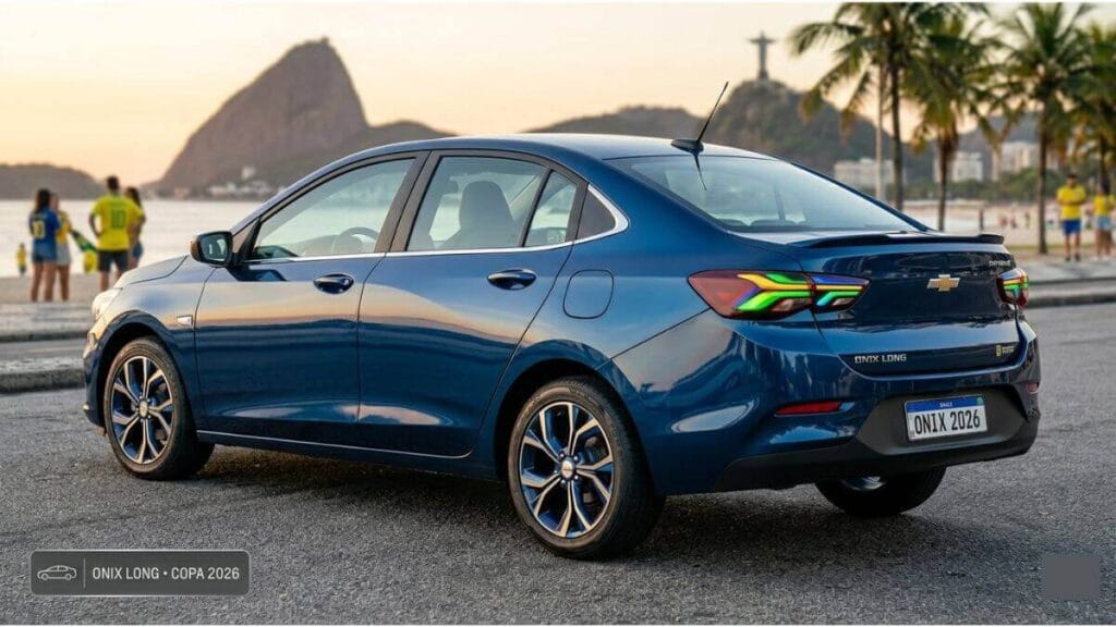 Vista em ângulo três quartos traseiro de um Chevrolet Onix Plus sedan na cor azul metálica, estacionado na orla de uma praia com o Morro do Pão de Açúcar ao fundo, ilustrando o conforto e o design moderno para o período da Copa.