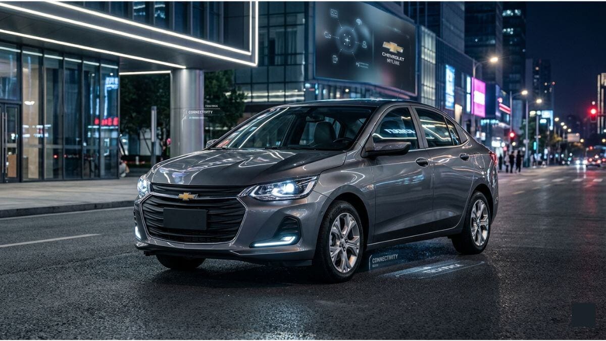 Chevrolet Onix sedã cinza escuro estacionado em uma rua urbana moderna durante a noite. O carro está em ângulo frontal de três quartos com faróis acesos. Ao fundo, prédios iluminados e um outdoor digital com o logotipo da Chevrolet. No chão, projeções holográficas em azul mostram dados técnicos do veículo como motor turbo, potência, torque, câmbio e nível da bateria.