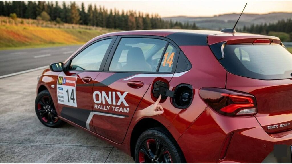 Visão lateral e traseira de um Chevrolet Onix vermelho de rally, com a tampa de combustível entreaberta e um dedo indicador apontando para o bocal, em uma pista de testes ao pôr do sol.