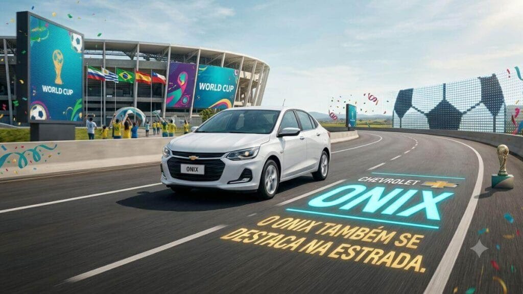 Chevrolet Onix Plus branco em movimento em uma estrada moderna curvada ao lado de um grande estádio de futebol da Copa do Mundo com telões digitais e bandeiras de vários países. No asfalto à frente do veículo, há uma projeção gráfica brilhante com o texto "CHEVROLET ONIX: O ONIX TAMBÉM SE DESTACA NA ESTRADA". O cenário inclui confetes coloridos no ar e uma réplica sutil da taça da Copa do Mundo na margem da pista sob a luz do dia.