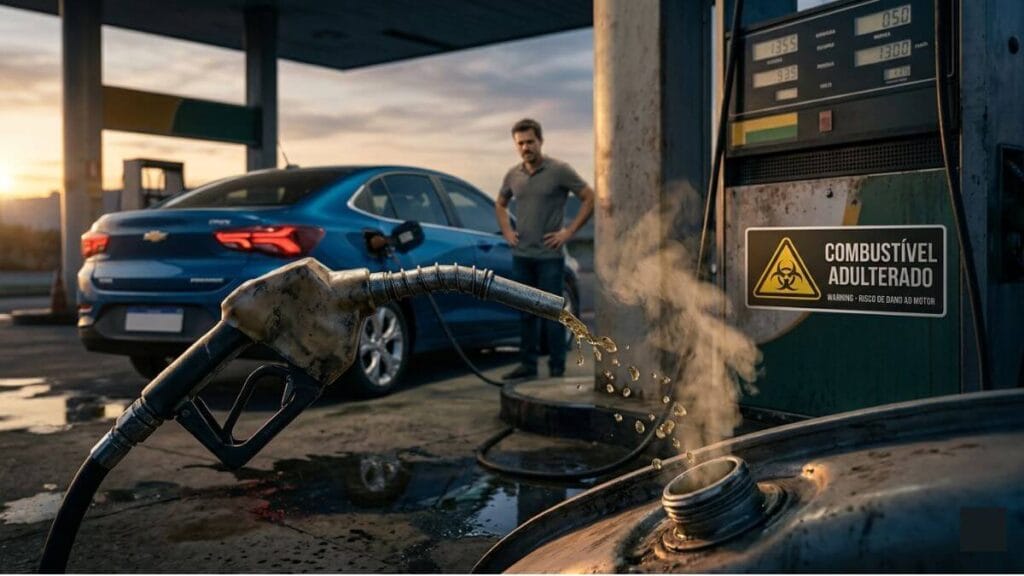 Visão aproximada de uma bomba de combustível com gasolina de cor escura e alterada, tendo ao fundo um Chevrolet Onix desfocado dentro de um posto de combustível.