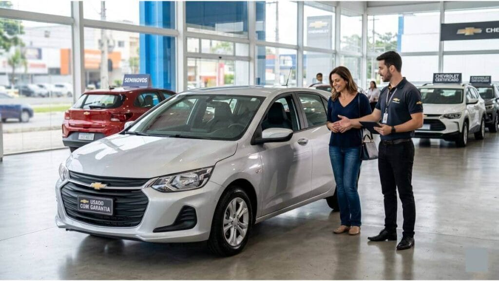 Mulher conversa com vendedor ao lado de um Chevrolet Onix prata seminovo e bem conservado dentro de um showroom de concessionária com outros carros ao fundo.
