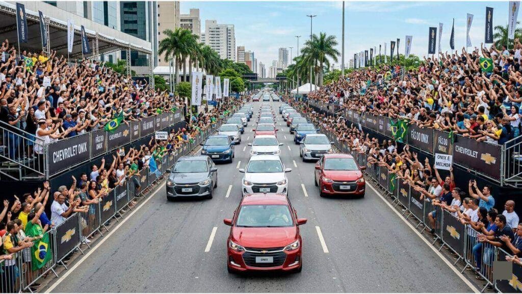 Desfile com várias fileiras de Chevrolet Onix de diversas cores em uma grande avenida, cercada por arquibancadas lotadas de fãs acenando, aplaudindo e segurando bandeiras do Brasil.