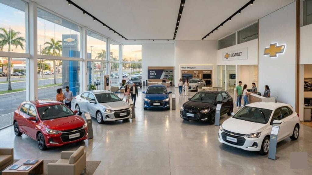 Interior amplo, iluminado e limpo de uma concessionária Chevrolet moderna. Vários modelos do Chevrolet Onix 2027, em diferentes cores como vermelho, prata, azul e branco, estão organizados pelo showroom espaçoso com grandes janelas de vidro ao fundo.