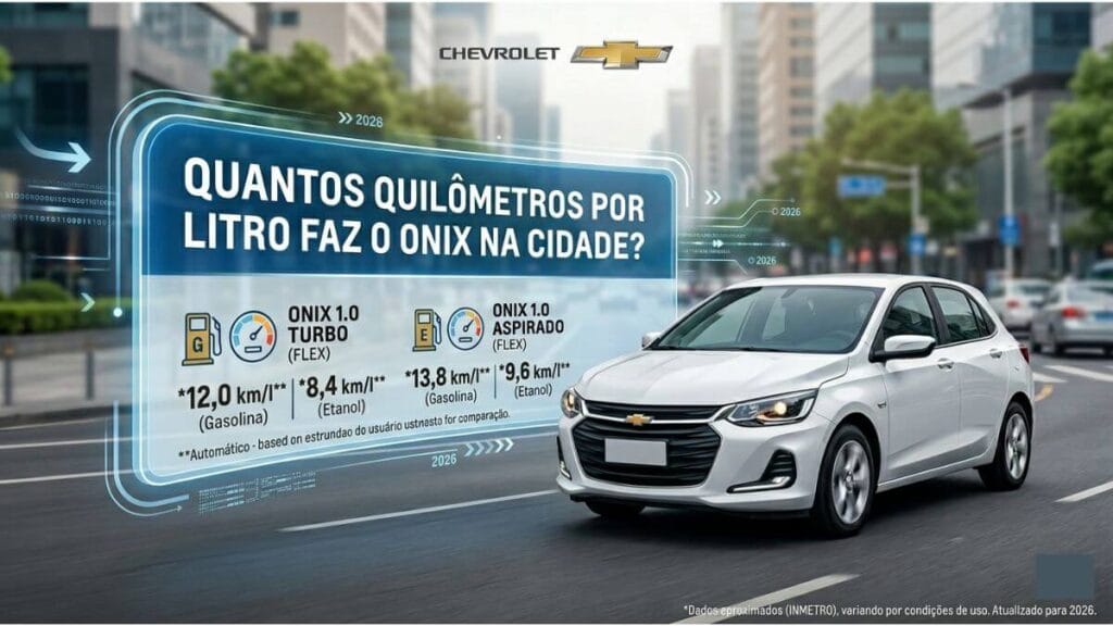 Infográfico horizontal mostrando o consumo urbano do Chevrolet Onix 2026. À esquerda, dados do motor 1.0 Aspirado com médias de gasolina e etanol. À direita, dados do motor 1.0 Turbo Automático.