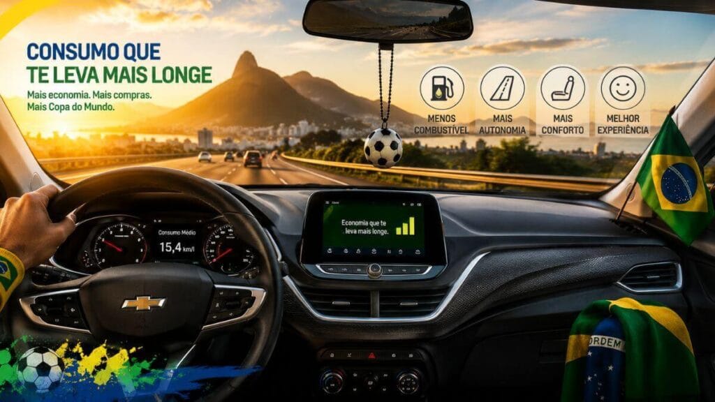 Interior do Chevrolet Onix em viagem durante a Copa do Mundo destacando economia de combustível, conforto e experiência na estrada.