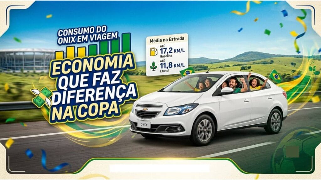 Chevrolet Onix branco com uma família comemorando na estrada. Ao lado, o texto "Economia que faz diferença na Copa" e dados de média de consumo: até 17,2 km/L na gasolina e 11,8 km/L no etanol. Fundo com clima de Copa do Mundo.
