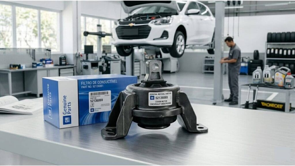 Coxim do motor novo do Chevrolet Onix em destaque sobre uma bancada metálica com embalagem original ao lado.