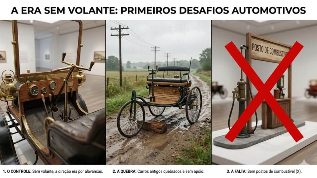 Uma colagem de três partes sobre o início da era automotiva. A primeira parte mostra um painel antigo com uma alavanca (tiller) em vez de um volante. A segunda mostra um carro primitivo quebrado em uma estrada de terra. A terceira mostra um posto de gasolina moderno com um grande X vermelho, indicando que eles não existiam na época.