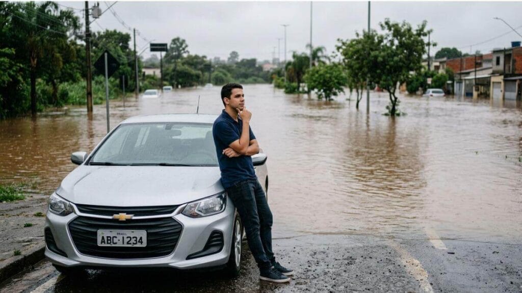 Um homem de camiseta azul está em pé na calçada molhada, encostado em um Chevrolet Onix prata com placa "BRAZIL ABC-1234". Ele está com a mão no queixo, olhando pensativo para uma rua completamente alagada à sua frente. Ao fundo, árvores e casas estão parcialmente submersas em água marrom sob um céu nublado.