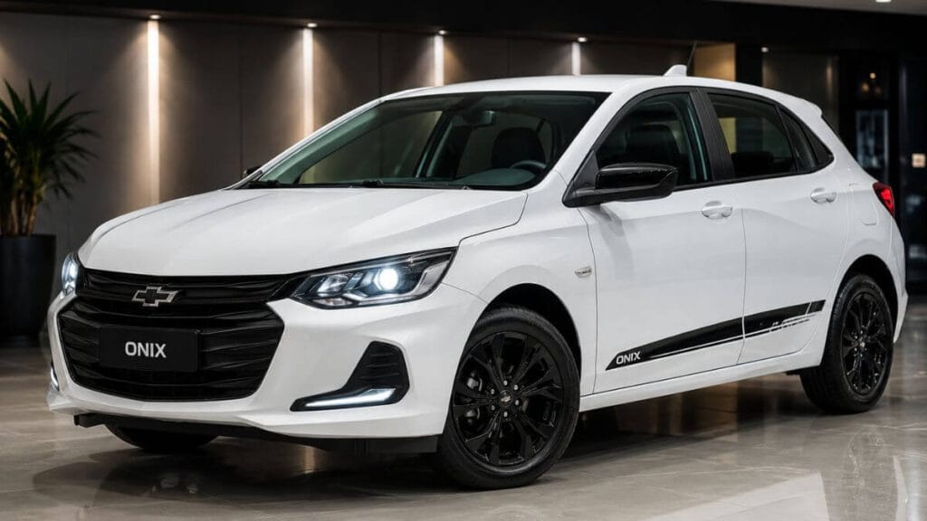 Chevrolet Onix branco com detalhes externos esportivos, incluindo capas de retrovisor pretas, antena shark, adesivos laterais discretos e acabamento brilhante.