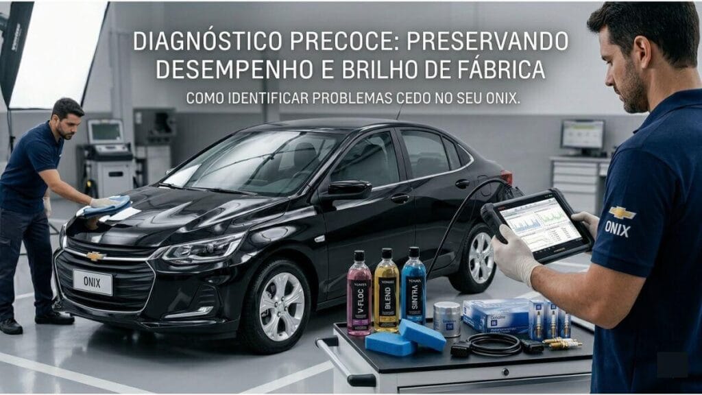 Técnico utilizando scanner digital para diagnóstico em um Chevrolet Onix preto, com outro profissional realizando polimento ao fundo e produtos de limpeza em destaque.