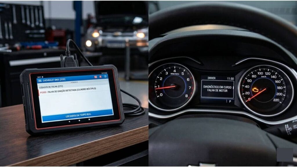 Imagem dividida mostrando um scanner automotivo com código de falha à esquerda e o painel do Chevrolet Onix com a luz da injeção acesa à direita.