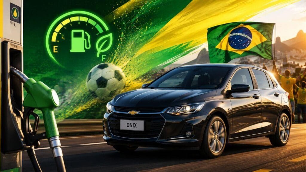 Chevrolet Onix em clima de Copa do Mundo destacando economia de combustível e viagens na estrada.