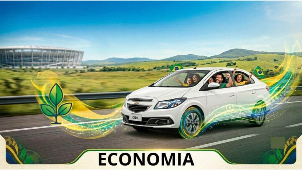 Chevrolet Onix branco em movimento numa estrada com uma família comemorando e acenando com bandeiras do Brasil. Efeitos visuais em verde e amarelo saem das rodas e um ícone de folhas verdes simboliza a eficiência de combustível. Ao fundo, um estádio de futebol e montanhas.