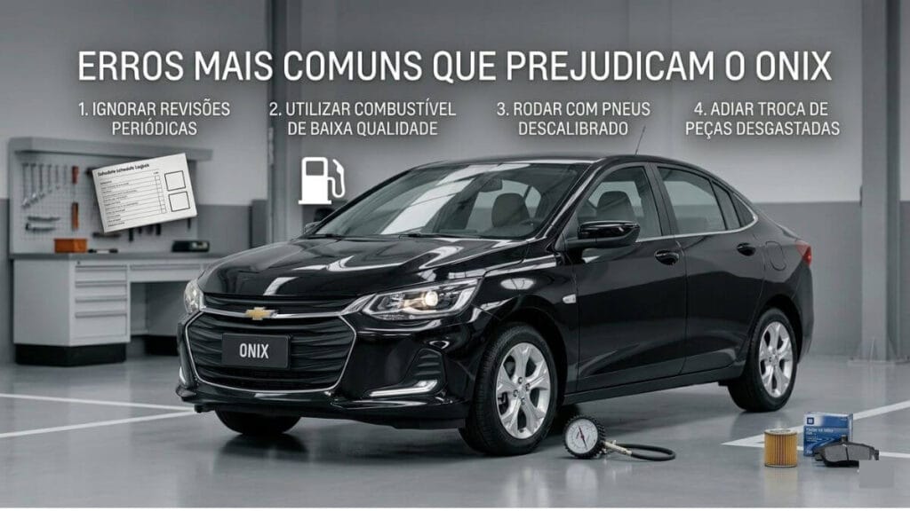 Chevrolet Onix preto em oficina com ícones e textos sobre erros de manutenção, como ignorar revisões e usar combustível ruim.