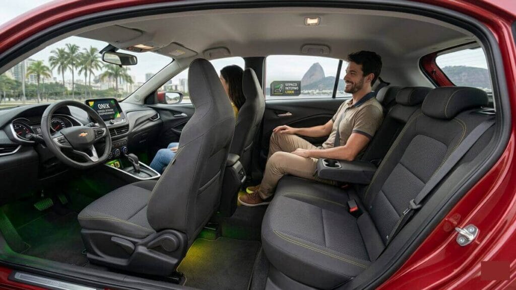 Visão lateral ampla com as portas abertas mostrando o espaço interno surpreendente do Chevrolet Onix, com um passageiro acomodado confortavelmente no banco traseiro com excelente espaço para as pernas.