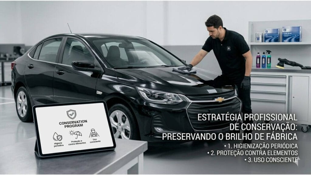 Especialista em estética automotiva polindo um Chevrolet Onix preto brilhante em um estúdio. Em primeiro plano, um tablet exibe o ícone 'CONSERVATION PROGRAM' com os pilares: Higienização, Proteção e Uso Consciente.
