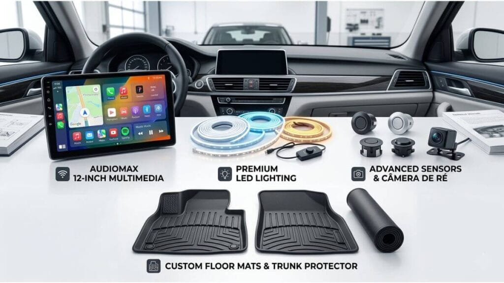 Uma composição profissional de acessórios automotivos modernos dispostos de forma elegante: uma central multimídia de alta resolução ligada, faróis de LED com design futurista, sensores de estacionamento discretos, uma câmera de ré nítida e tapetes personalizados de alta resistência com proteção interna premium.