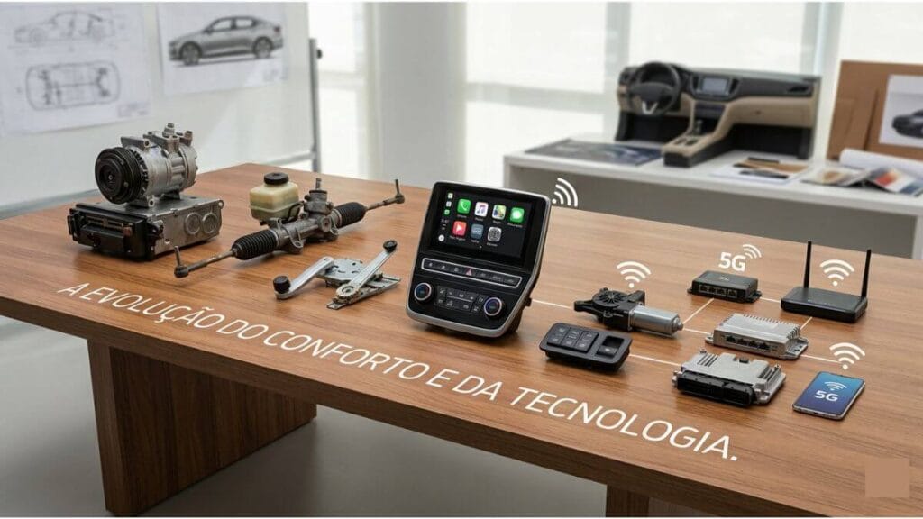 Representação visual da evolução tecnológica automotiva sobre uma mesa de madeira, exibindo desde componentes mecânicos como compressor de ar condicionado e direção hidráulica até centrais multimídia modernas, módulos de conectividade 5G e comandos eletrônicos inteligentes.