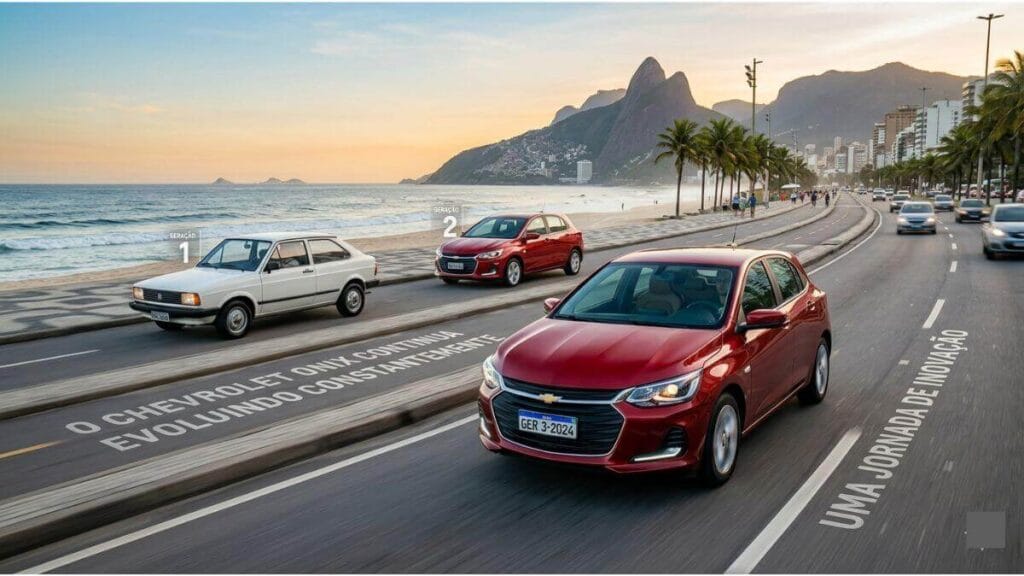 Uma linha do tempo visual mostrando a evolução de três gerações do Chevrolet Onix em uma estrada moderna, com elementos gráficos digitais dinâmicos ao fundo simbolizando progresso e inovação.