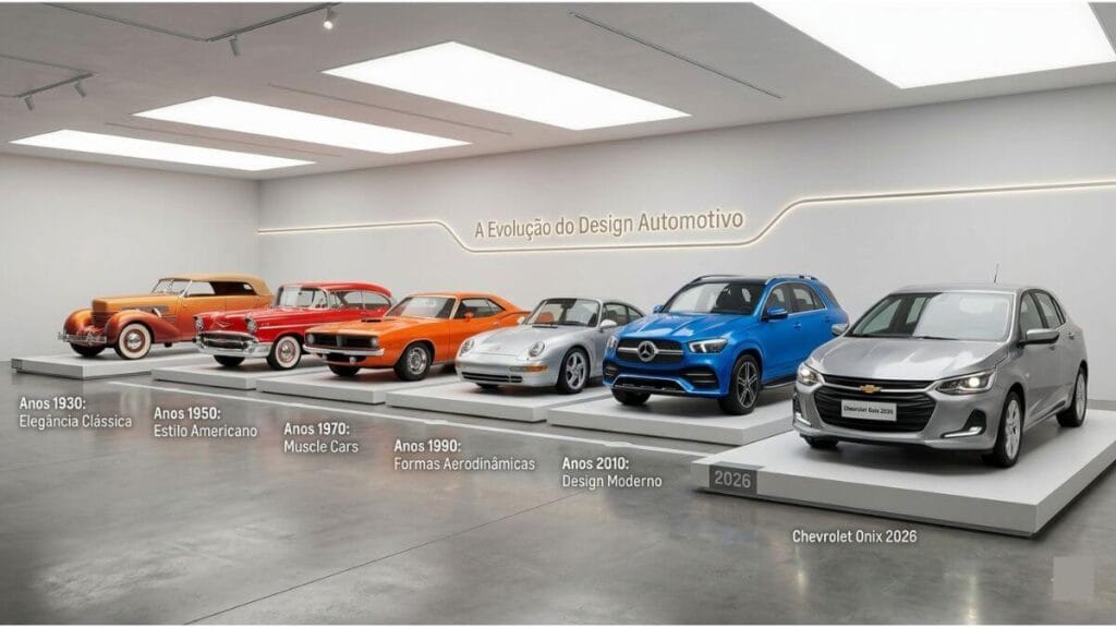 Linha do tempo visual do design automotivo em um museu moderno, exibindo carros das décadas de 1930, 1950, 1970, 1990 e 2010, culminando no novo Chevrolet Onix 2026 em uma plataforma de destaque.