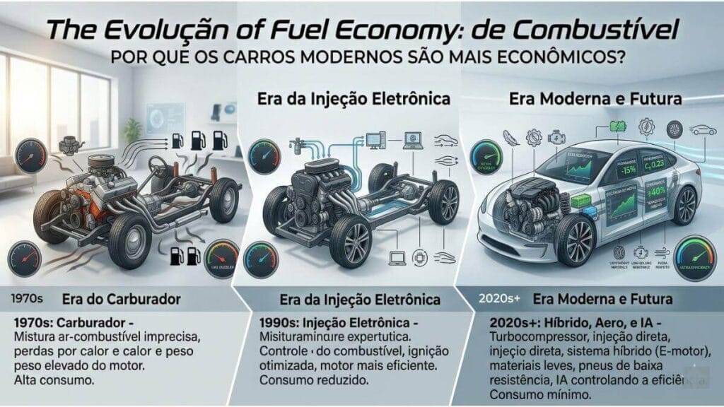 Infográfico profissional comparando a eficiência de combustível entre um carro antigo de 1970 e um carro moderno de 2024. A imagem mostra gráficos de consumo diminuindo, um bico de bomba de combustível e ícones de tecnologias como injeção direta e turbo, explicando por que os carros novos são mais econômicos.
