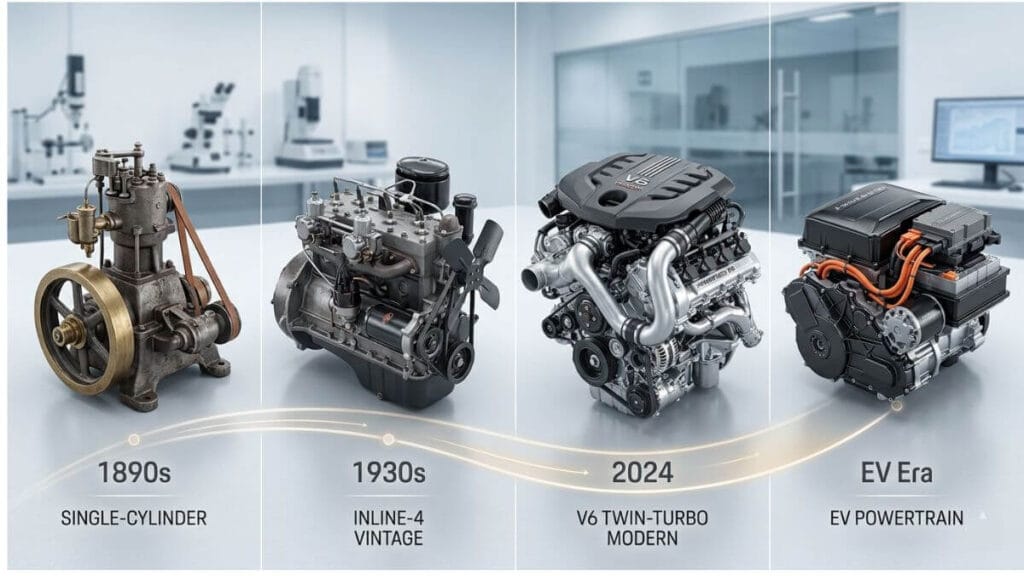 Linha do tempo visual da evolução dos motores automotivos em quatro estágios: um motor monocilíndrico de 1890, um motor de 4 cilindros em linha de 1930, um motor V6 biturbo moderno de 2024 e um sistema de propulsão elétrica atual.
