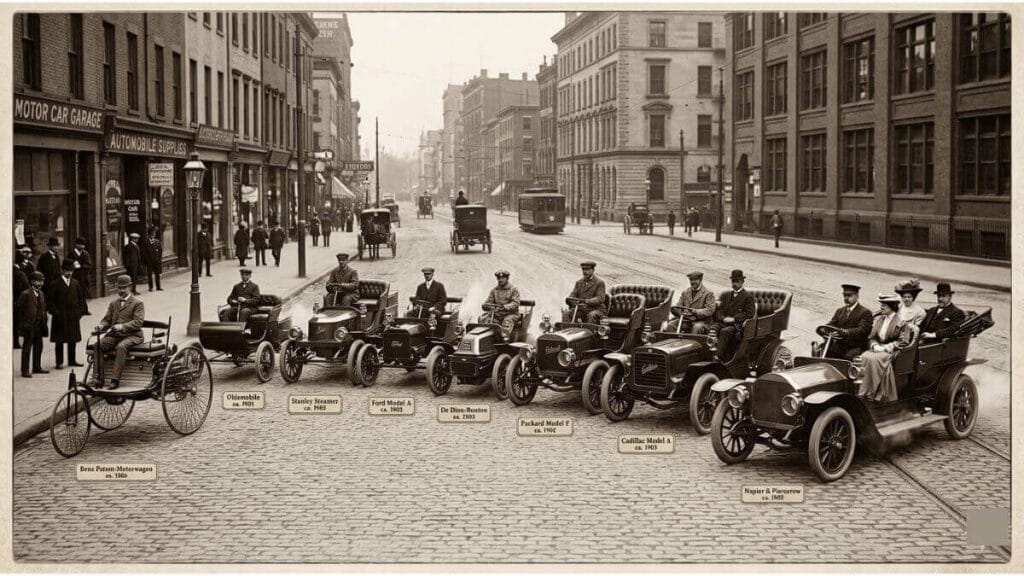 Uma fotografia em tom sépia de uma rua de paralelepípedos com nove automóveis antigos alinhados, mostrando a evolução de 1886 a 1903. Os carros estão identificados com placas com seus nomes e datas, começando com o Benz Patent-Motorwagen.