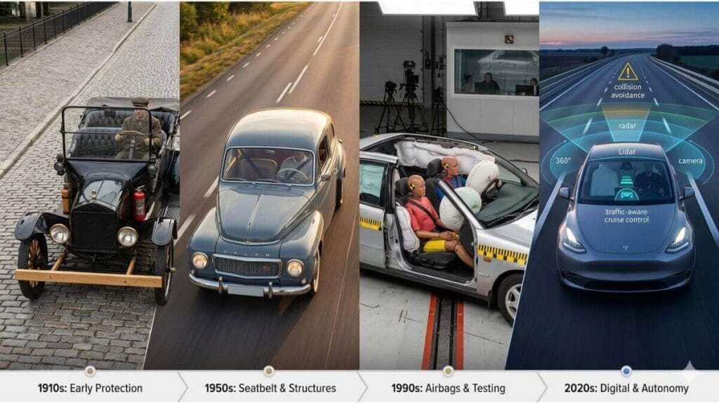 Linha do tempo visual da evolução da segurança automotiva em quatro etapas: proteção inicial na década de 1910, cintos e estruturas na década de 1950, airbags e testes na década de 1990, e sistemas digitais autônomos na década de 2020.