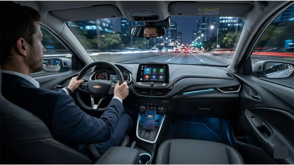 Interior de um Chevrolet Onix à noite, mostrando o motorista, a tela MyLink com aplicativos, iluminação em LED azul e um smartphone carregando no console.
