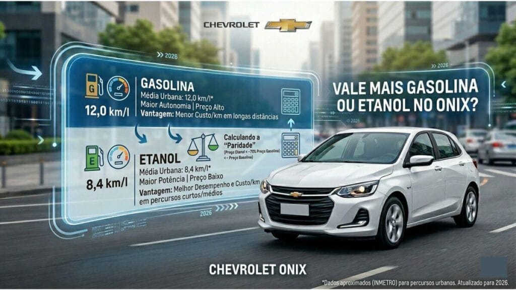Infográfico horizontal comparando o uso de gasolina e etanol no Chevrolet Onix. Exibe uma bomba de combustível dividida ao meio, destacando a regra dos 70% e o cálculo de custo-benefício para o motorista.