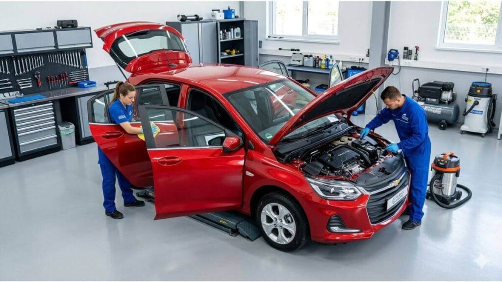 Um Chevrolet Onix vermelho em uma oficina limpa e organizada com todas as portas, capô e porta-malas abertos. Dois profissionais uniformizados realizam a limpeza técnica e inspeção do motor e do interior.