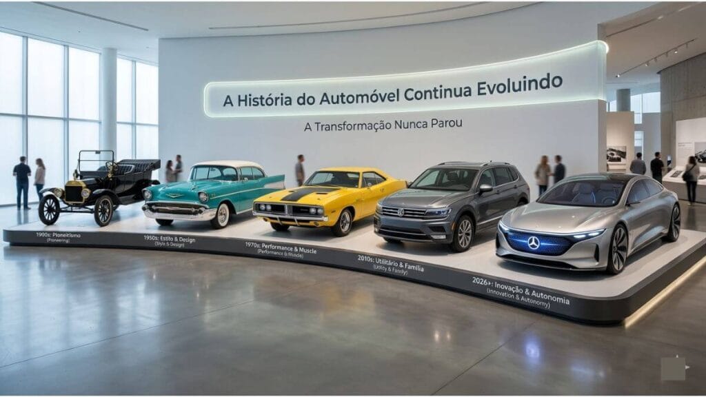 Uma representação artística e dinâmica da evolução automotiva, mostrando o rastro de movimento de um carro clássico que se transforma gradualmente em um carro moderno e, por fim, em um conceito de veículo autônomo futurista envolto em luzes neon e linhas de dados digitais.