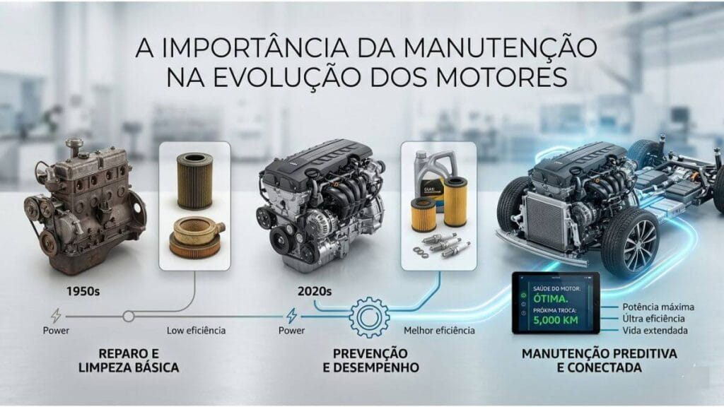 Infográfico que ilustra a evolução dos motores automotivos e a importância da manutenção. Mostra uma linha do tempo comparando um motor de 1950, que exigia reparos básicos, com um motor moderno de 2020, que utiliza manutenção preditiva e conectada para garantir máxima potência, ultra eficiência e vida estendida. Inclui imagens de filtros de óleo, velas de ignição e um tablet exibindo diagnósticos digitais.